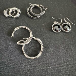 Bundle 4 Earrings - 925  Silver & Black - Vrs. Spinel, CZ, Checkered Cut Stone